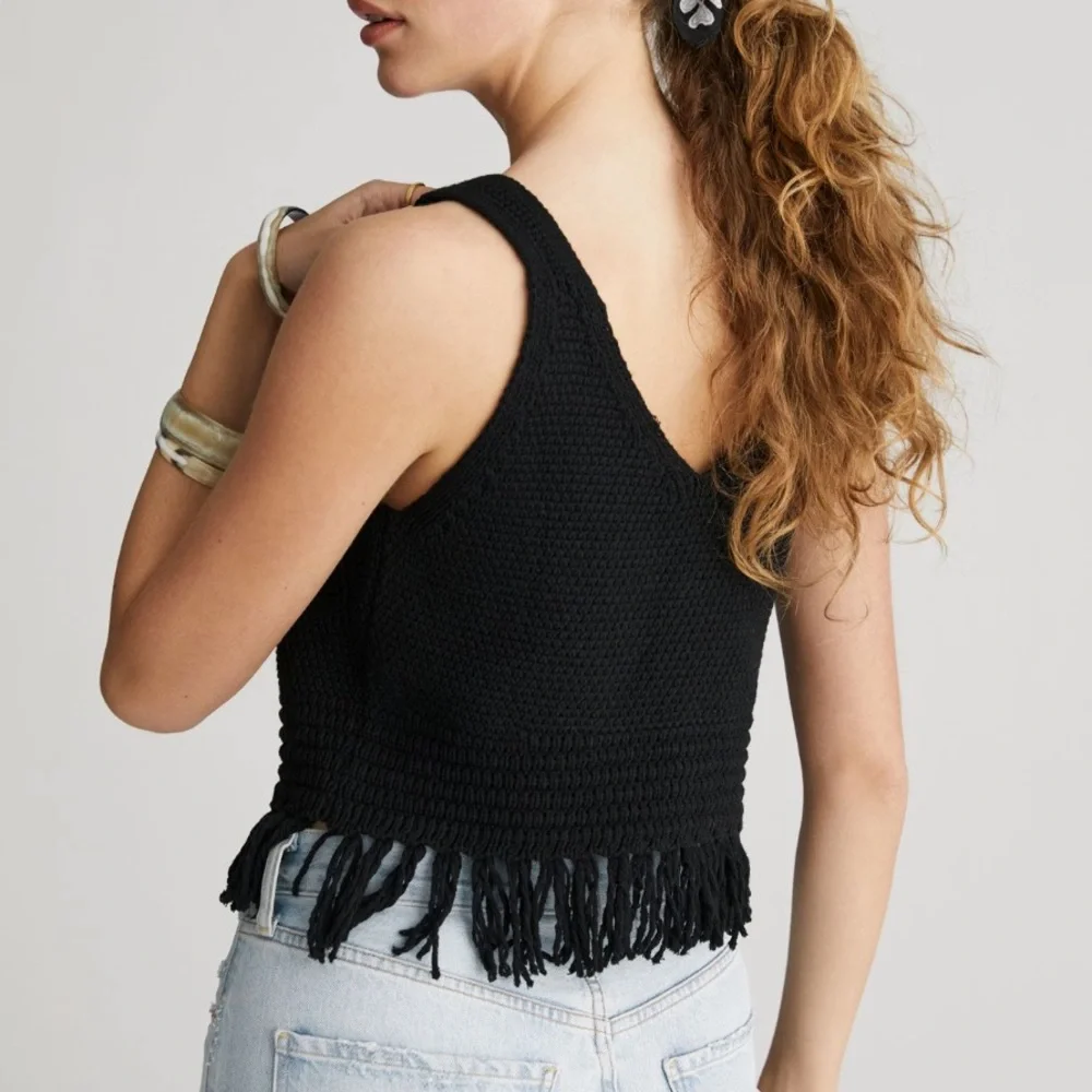 NWT Anthropologie Pilcro Black Fringe Sweater Tank Crochet Top Petite Medium